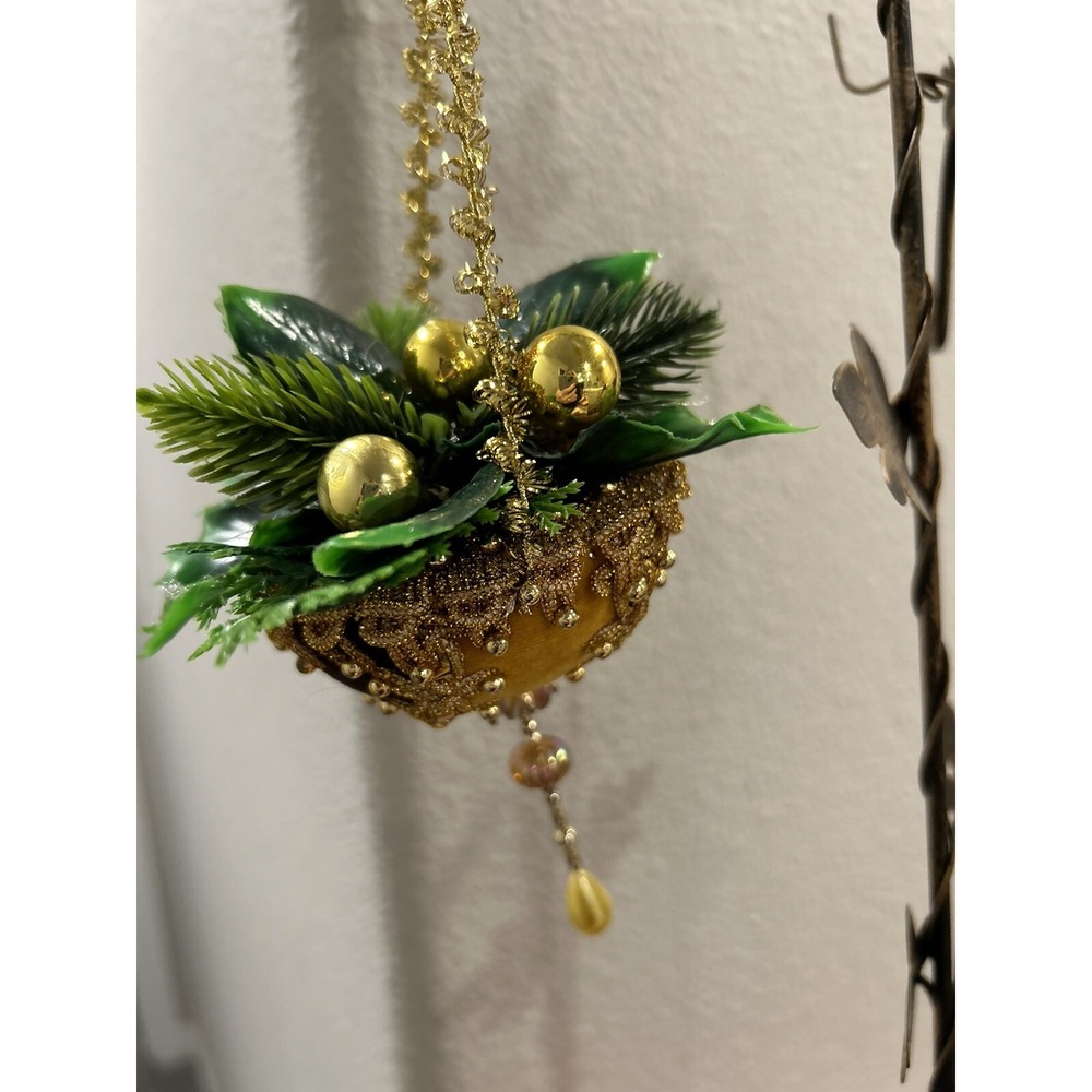Vtg Push Pin Beaded Victorian Christmas Ornament Cone Mercury Glass Gold Pine